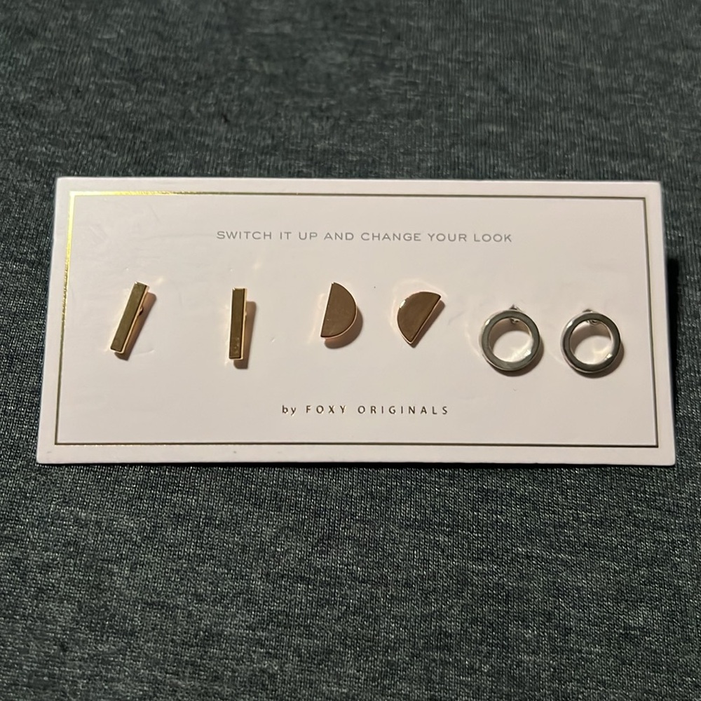 NWT Foxy Originals Stud Earrings Three Pairs Gold Bar Semi Circle Silver Ring